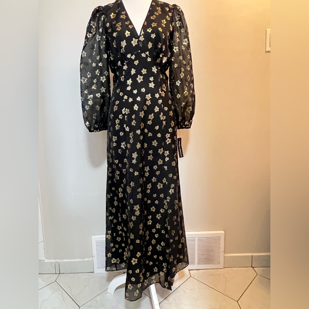 Donna Morgan Gold Star Jacquard Midi Dress Sheer Sleeve Elegant